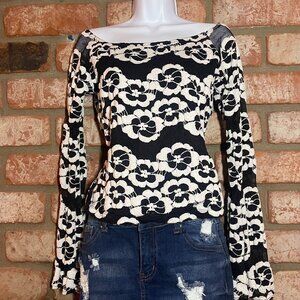 Paper Doll White & Black Lace Mesh Bell Sleeve Top (Small)